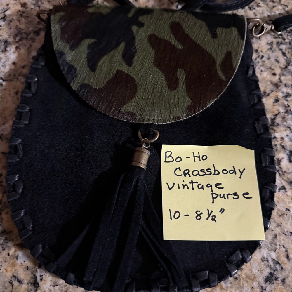 Boho Black Suede Crossbody with Camo Flap and Tassel